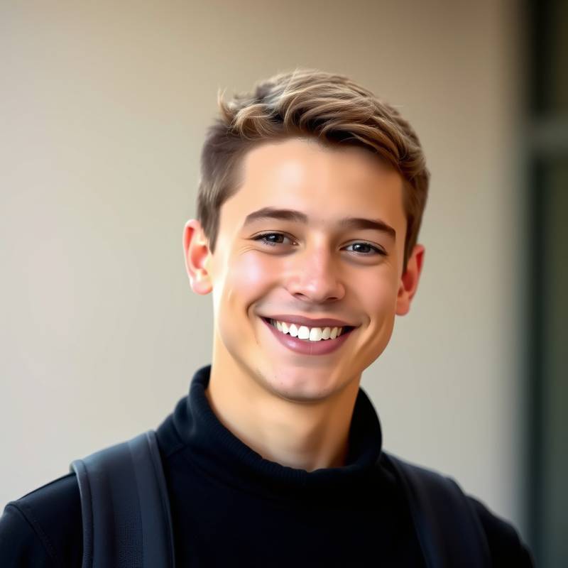 Portrett av en ung mann som smiler, representerer en fornøyd student.