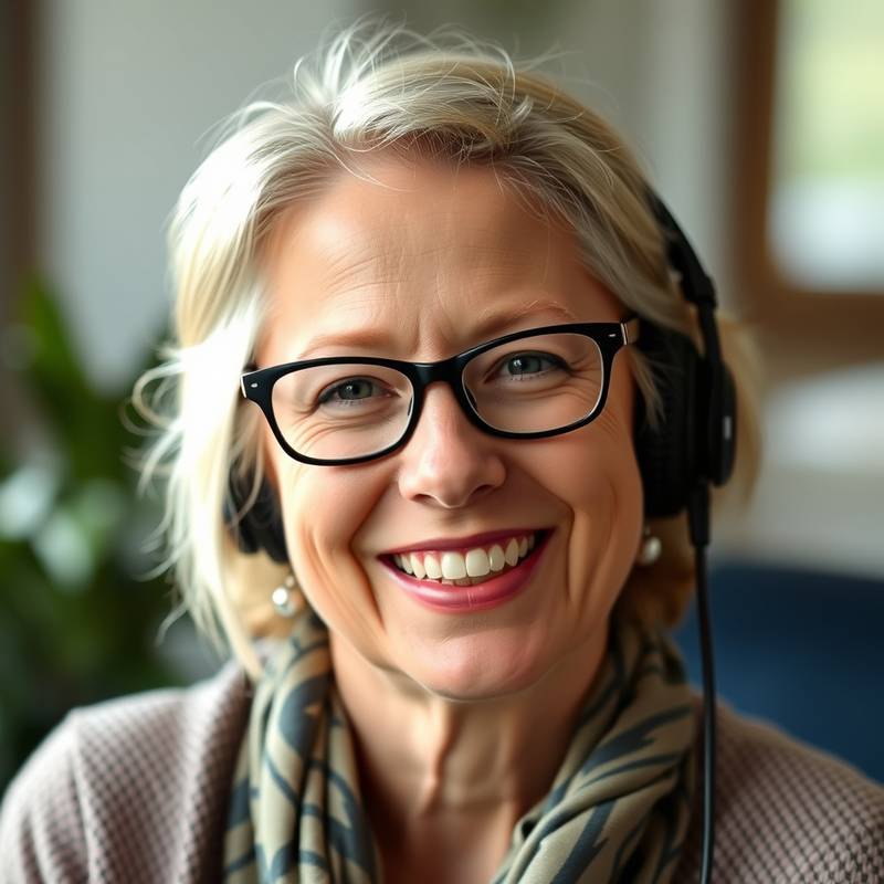Portrettbilde av Astrid Olsen, en smilende kvinne med briller, instruktør ved PodkastSkolen.
